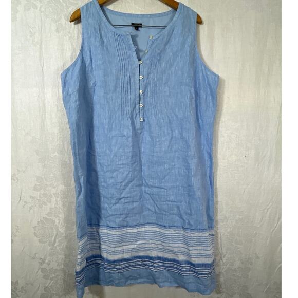 Talbots Dress 14 PETITE Blue Linen Pleated Buttons Stripe Detail Lined - Picture 1 of 10